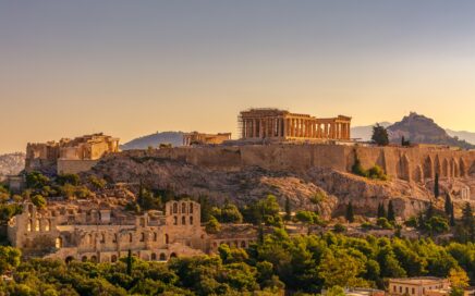 View of Acropolis of Athens with Parthenon and Erechtheion from Filopappou hill. Herodium, Lycabettus and Acropolis of Athens view from Filopappou hill a summer sunny day